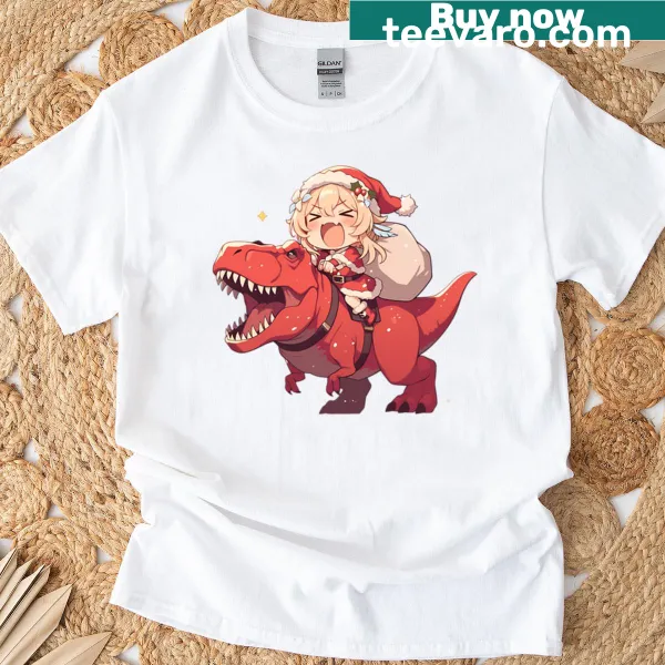 Chibi-style Lumine riding a dinosaur in a festive design on a T-shirt
