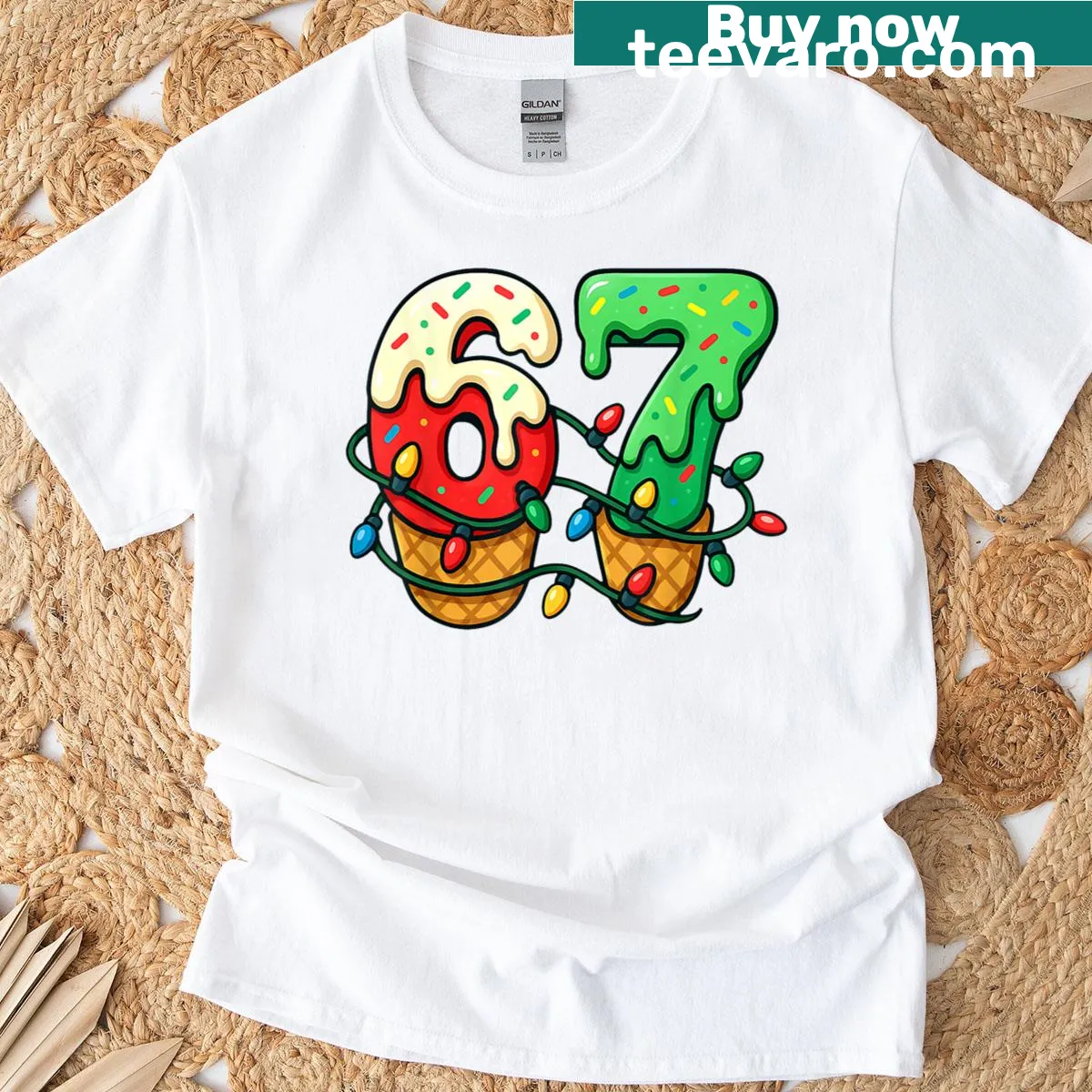 Funny Christmas meme graphic with 'Six Seven' on a t-shirt — on a men's t-shirt