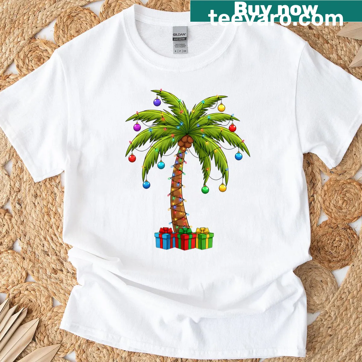 Hawaiian Santa graphic with palm trees and Christmas lights on a t-shirt — on a men's t-shirt