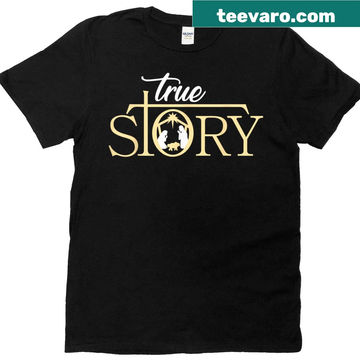 Serene nativity illustration celebrating the birth of Jesus on a Christmas t-shirt — on a men's t-shirt