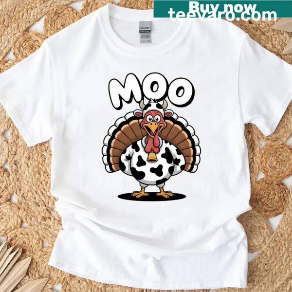 Cartoon turkey and cow graphic saying 'Turkey Moo' on a T-shirt