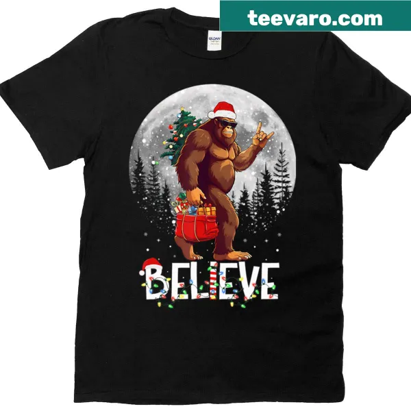 Vintage Christmas Tree t-shirt with retro Bigfoot and festive lights