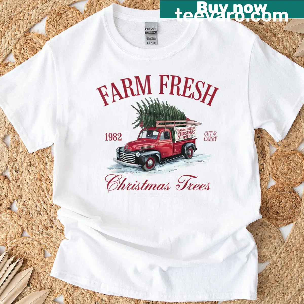 Vintage Christmas T-shirt with pickup truck and trees design — on a men's t-shirt