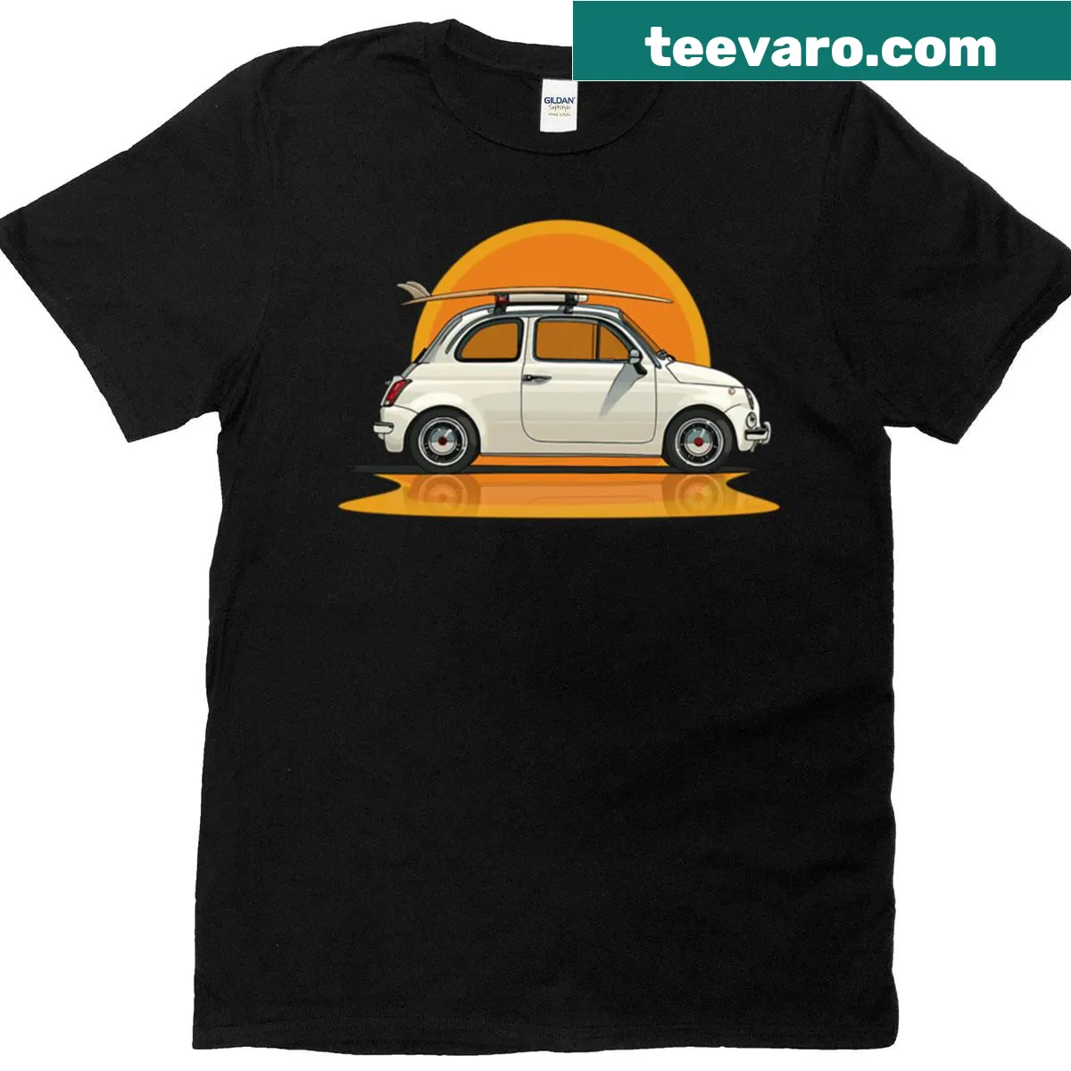 Vintage Fiat with surfboard graphic T-shirt — on a men's t-shirt