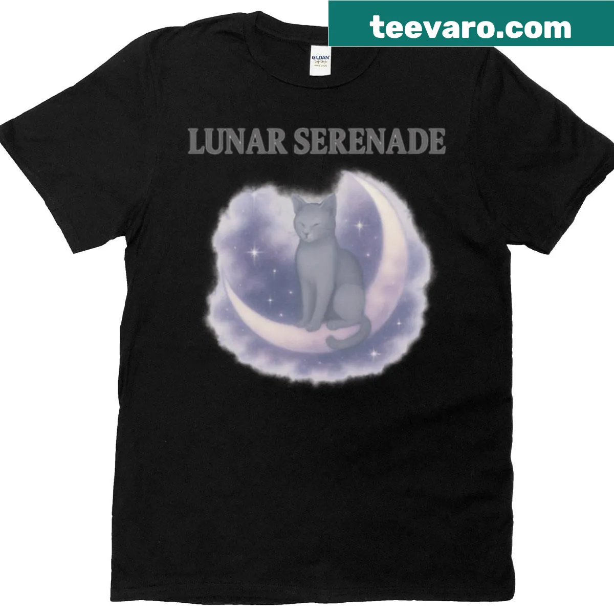 Whimsical cat-themed t-shirt with cosmic design — on a men's t-shirt