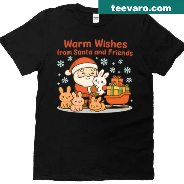 Cute T-shirt featuring Santa and a bunny in a festive design