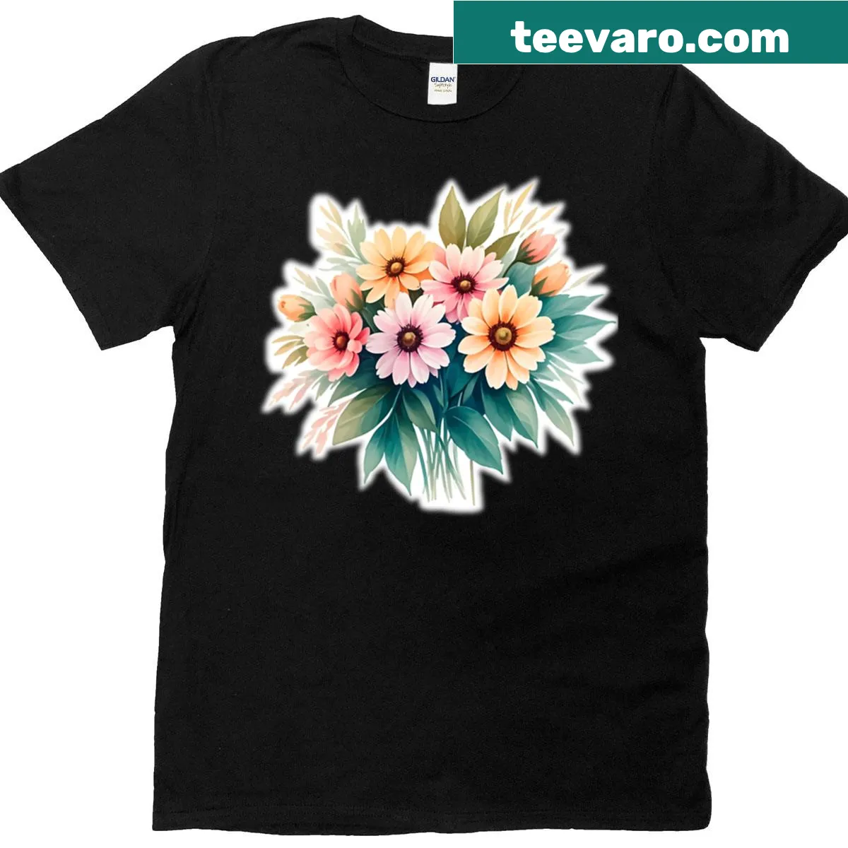 Watercolor floral t-shirt featuring a bouquet of colorful flowers — on a men's t-shirt