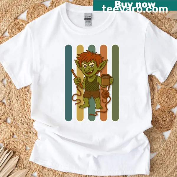 Retro striped T-shirt featuring Yarnald the Yarn Goblin
