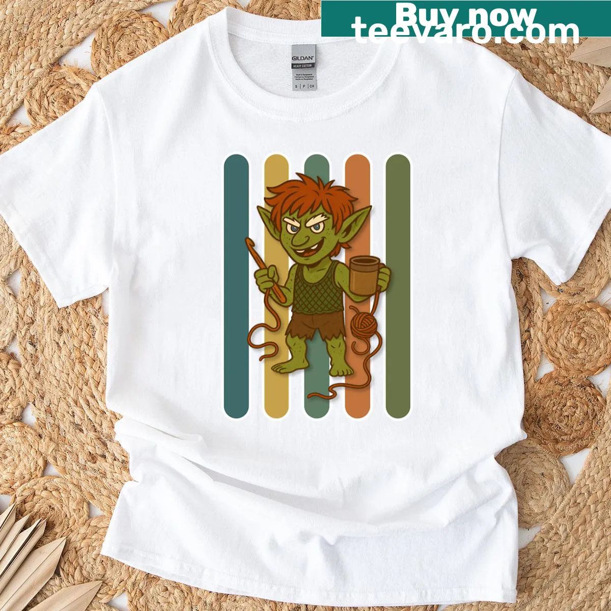Retro striped T-shirt featuring Yarnald the Yarn Goblin — on a men's t-shirt