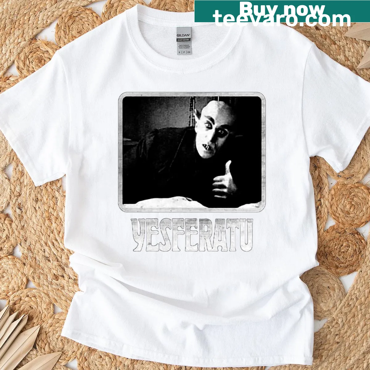 Cartoon design of Nosferatu with a humorous twist — on a men's t-shirt