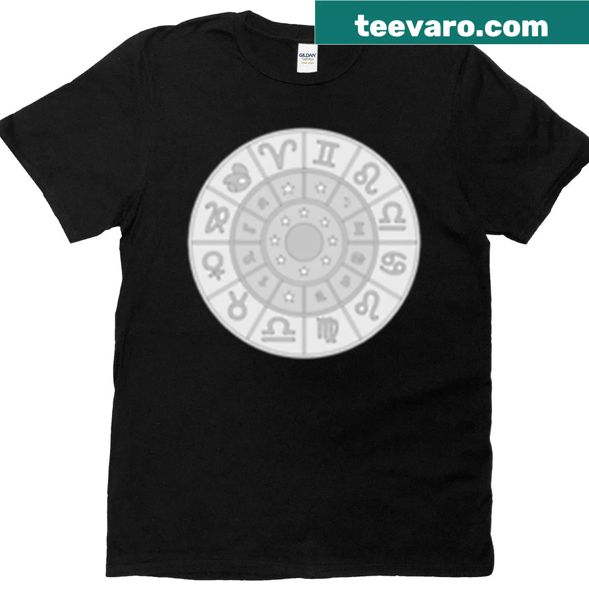 Zodiac wheel astrology chart design printed on T-shirt — on a men's t-shirt