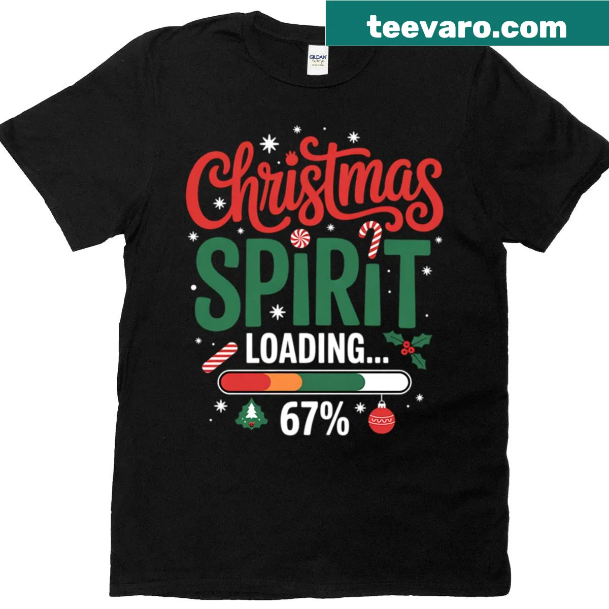 Christmas-themed T-shirt with 'Christmas Spirit Loading' and 67 meme graphics. — on a men's t-shirt