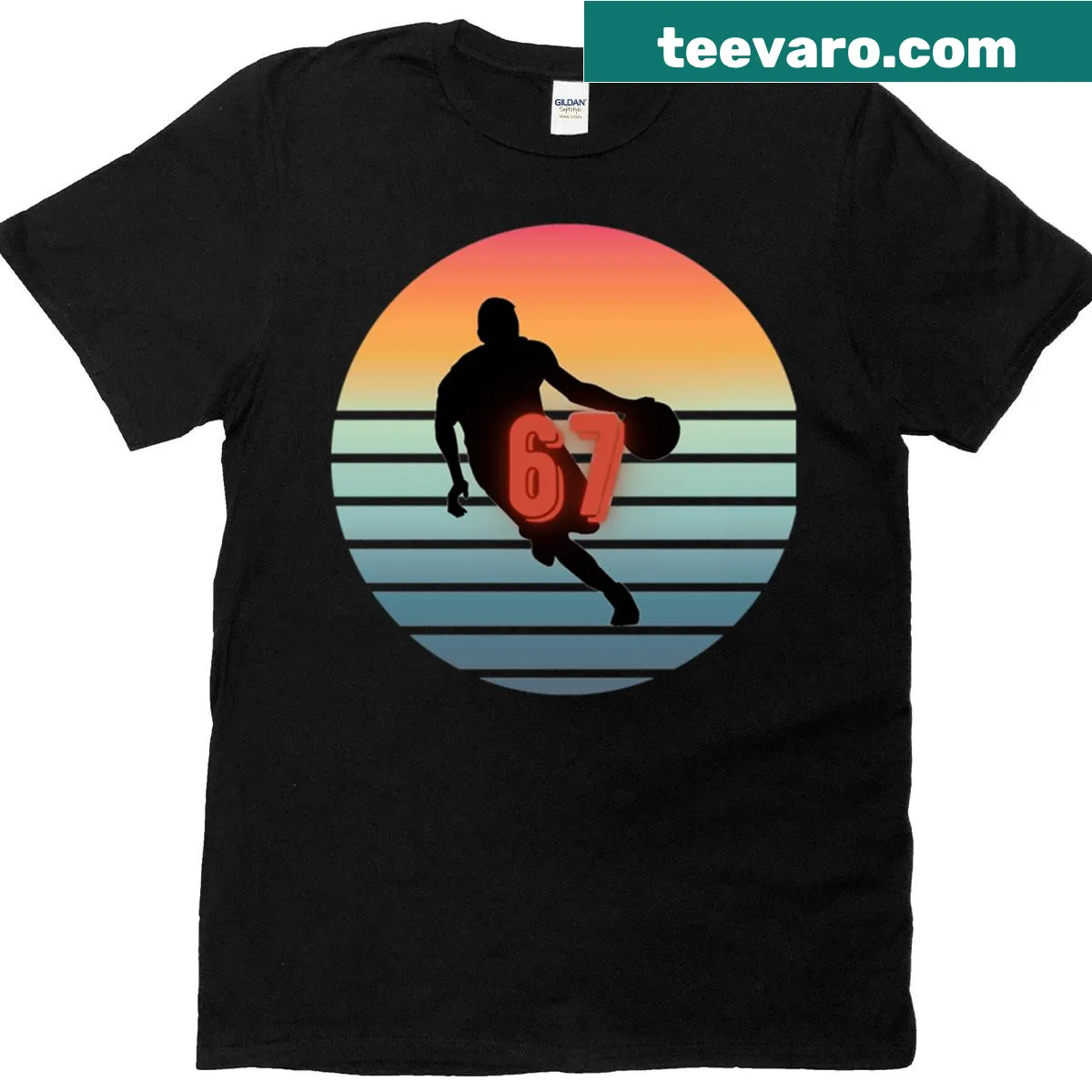 Retro sunset basketball silhouette graphic T-shirt — on a men's t-shirt