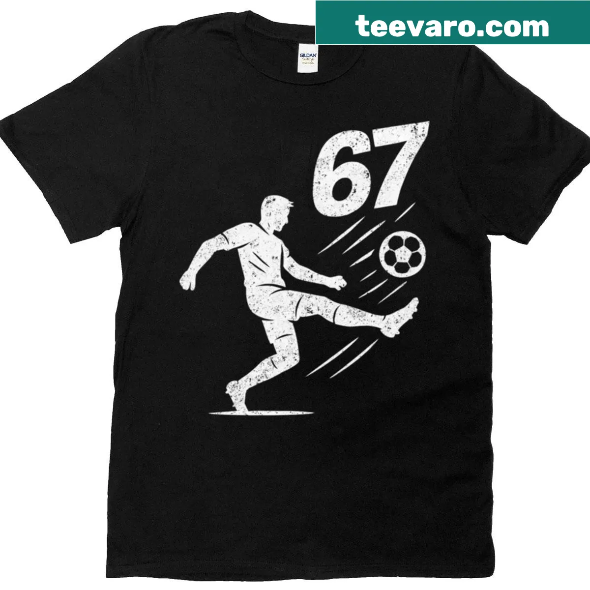 Humorous tee featuring the phrase '67 Soccer Six Seven 6 7' — on a men's t-shirt