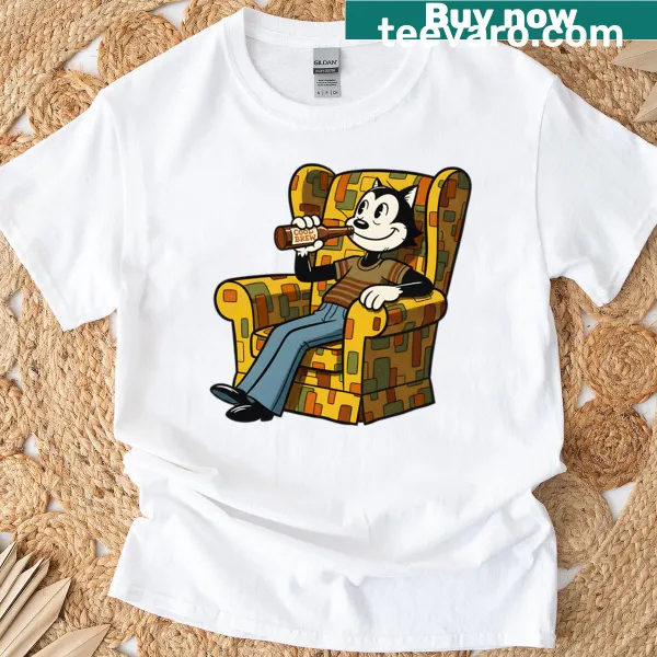 Vintage cartoon of a cat in an armchair with a beer