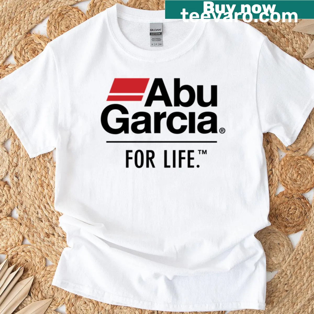 T-shirt with Abu Garcia For Life text for fishing enthusiasts — on a men's t-shirt