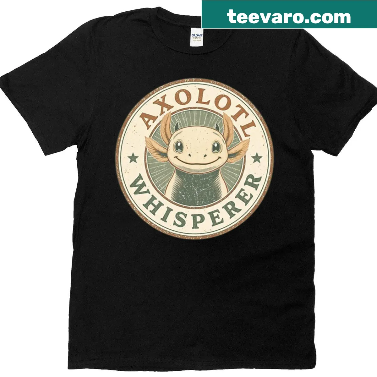Kawaii axolotl graphic with cute, funny badge design — on a men's t-shirt