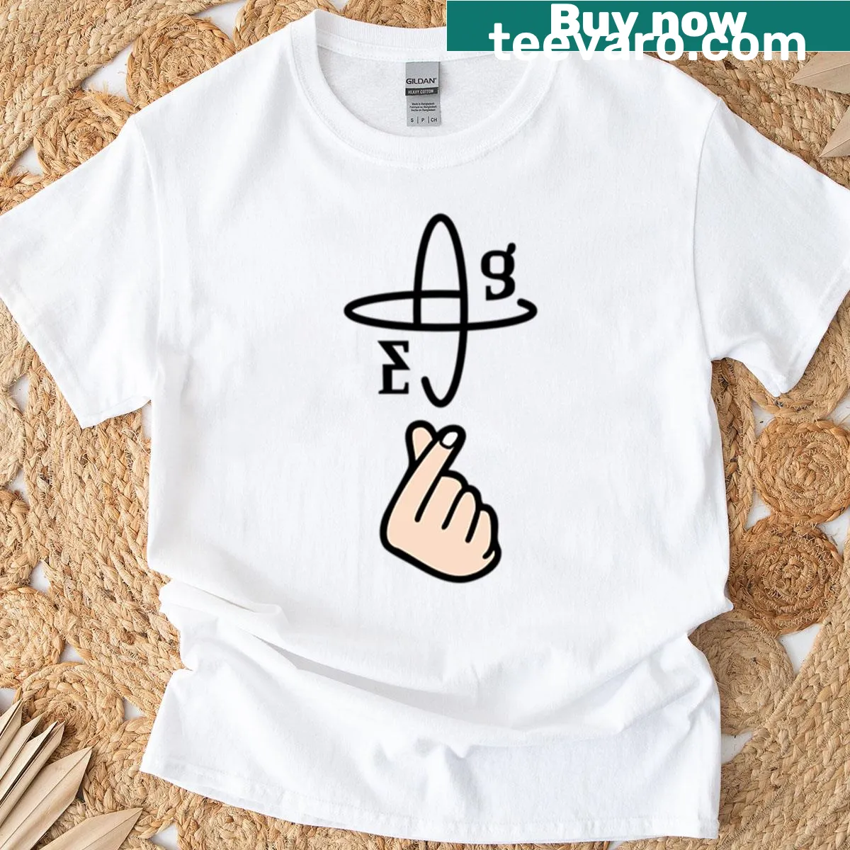 T-shirt featuring Everglow hand sign and Annyeonghaseyo phrase in playful typography — on a men's t-shirt