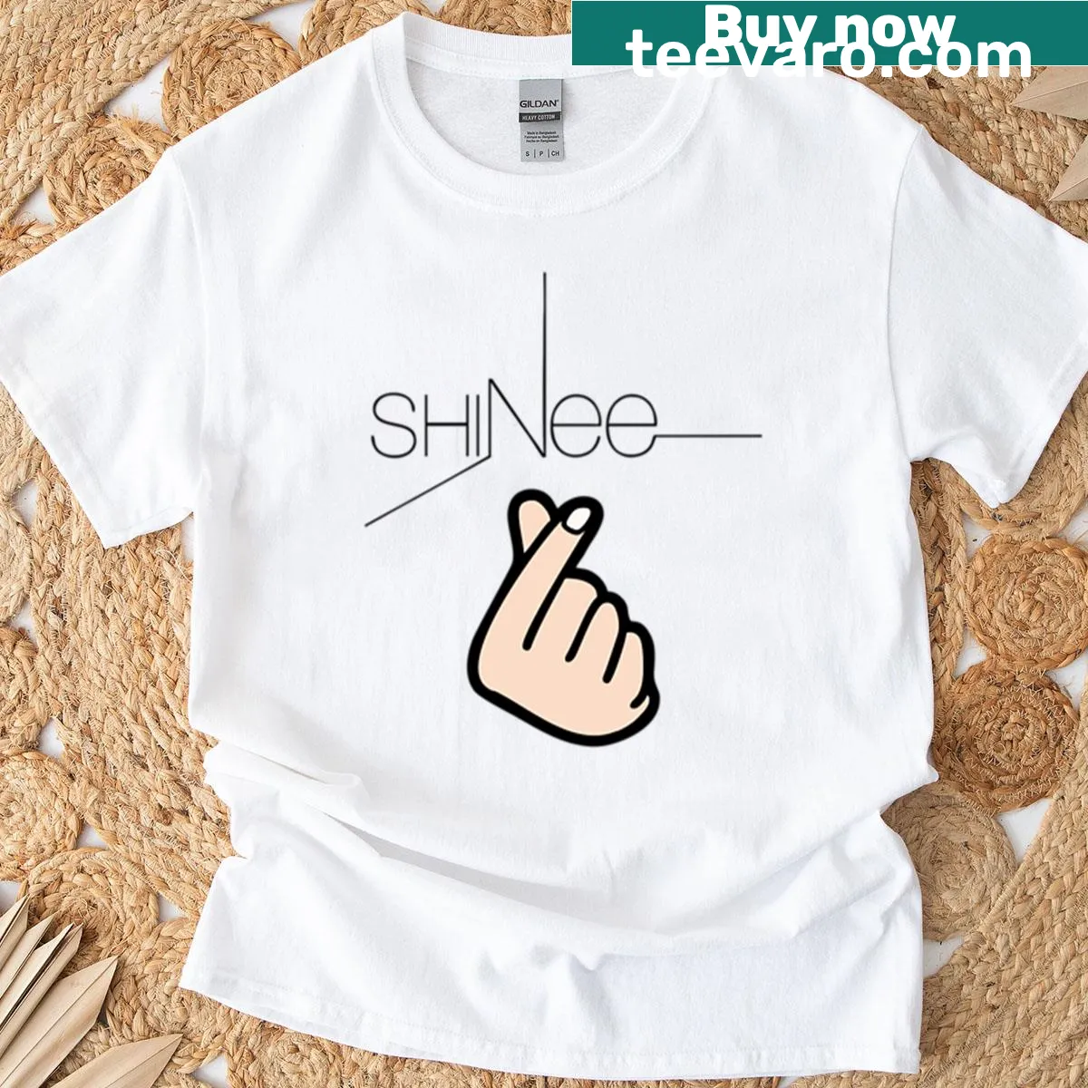 T-shirt with Annyeonghaseyo and Shinee hand sign graphic — on a men's t-shirt