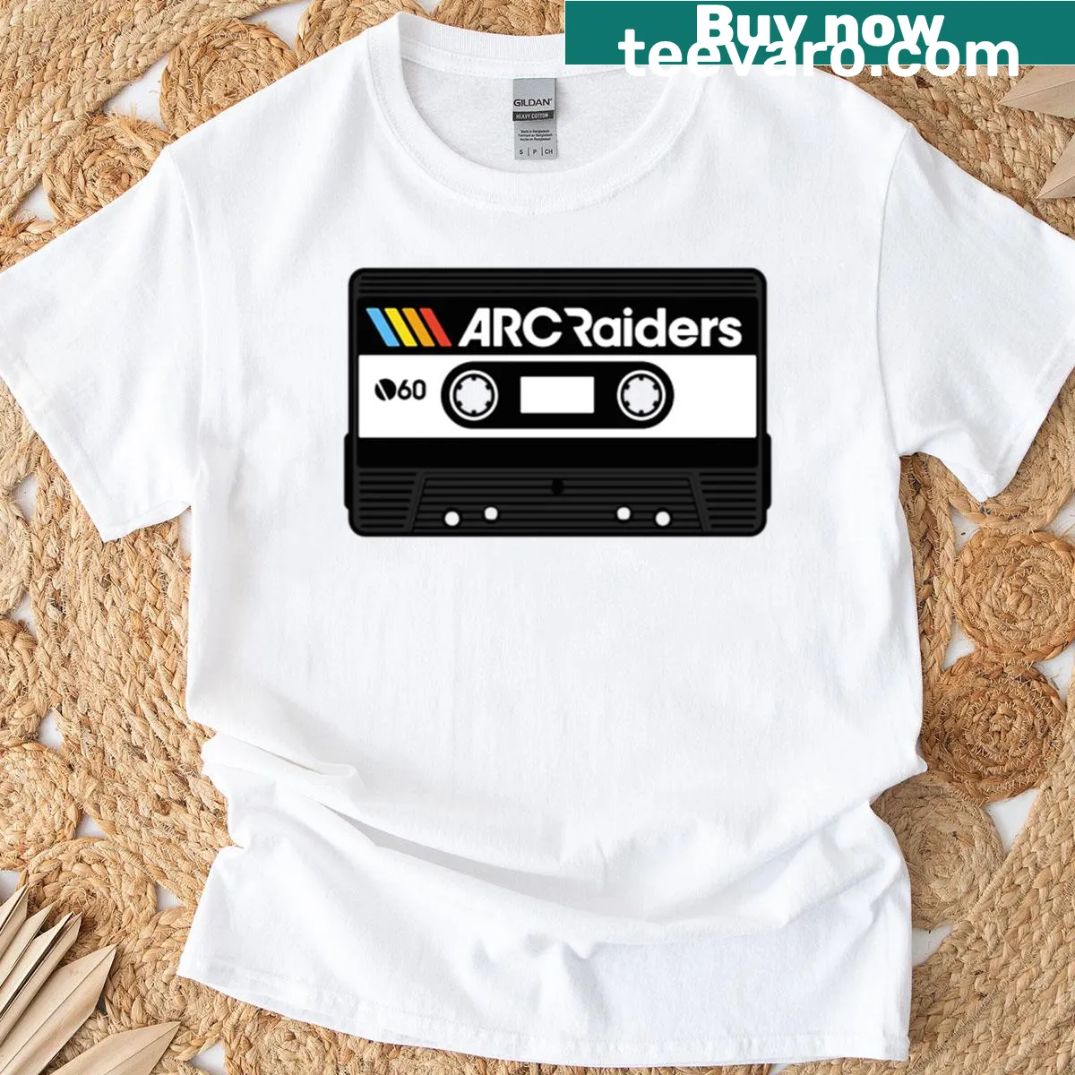 Retro graphic t-shirt featuring Arc Raiders cassette design — on a men's t-shirt