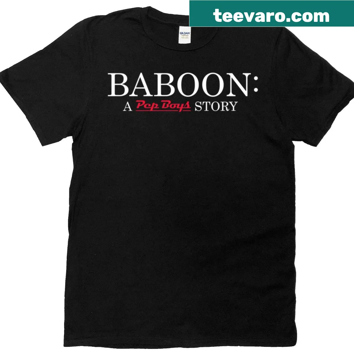 Humorous baboon in Pep Boys garage illustrated on T-shirt — on a men's t-shirt