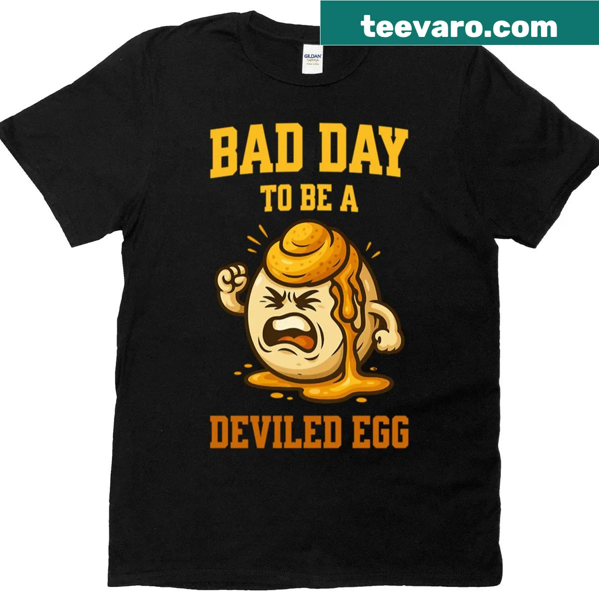 Cartoon deviled egg graphic with text saying 'Bad Day to Be a Deviled Egg' — on a men's t-shirt