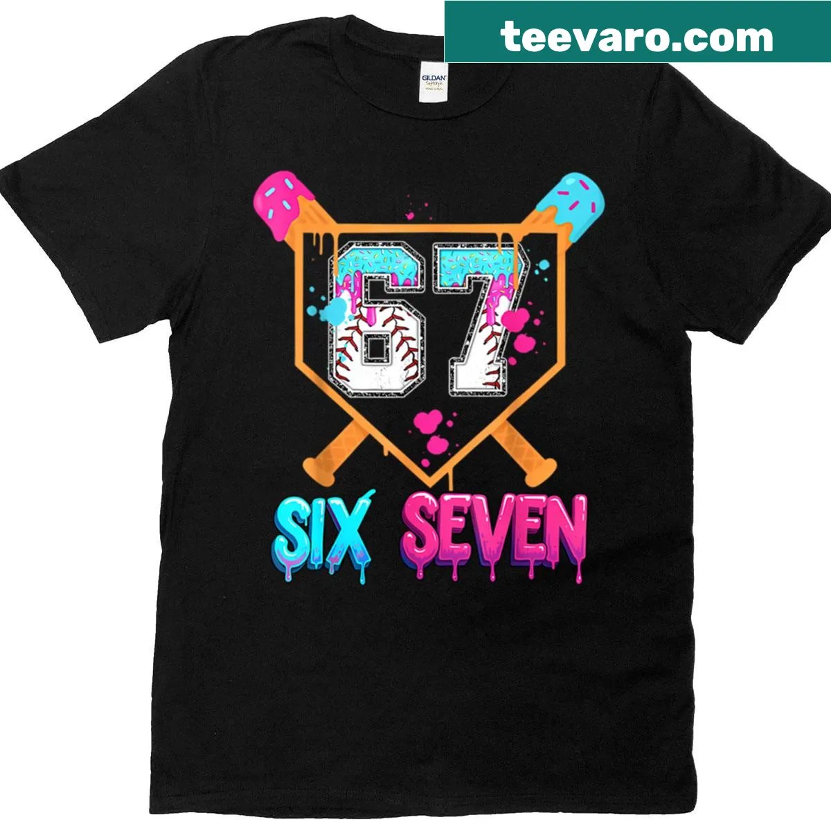 Baseball t-shirt featuring ice cream drip graphic with the number 67 — on a men's t-shirt