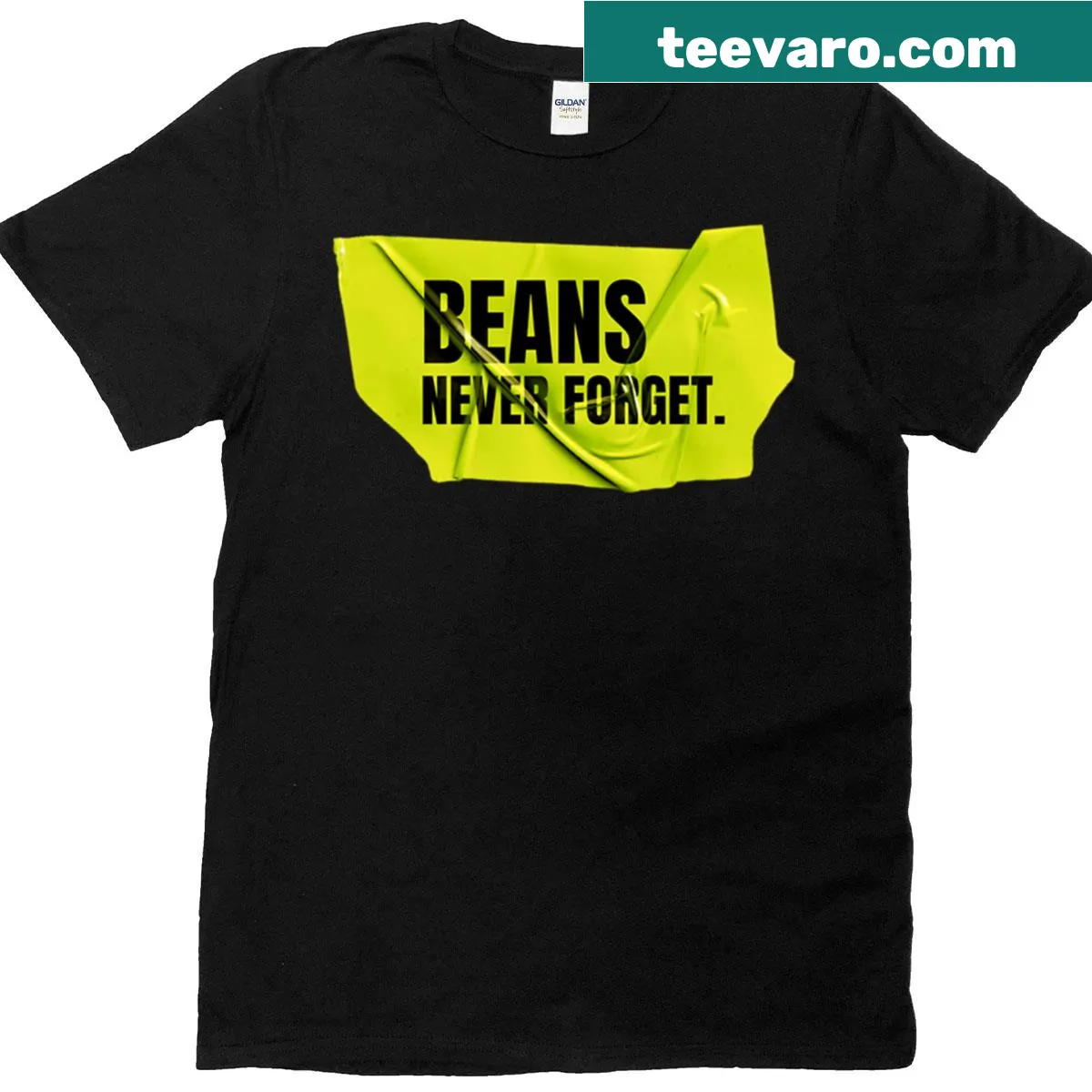 Funny vegan humor T-shirt featuring the phrase 'Beans Never Forget' — on a men's t-shirt