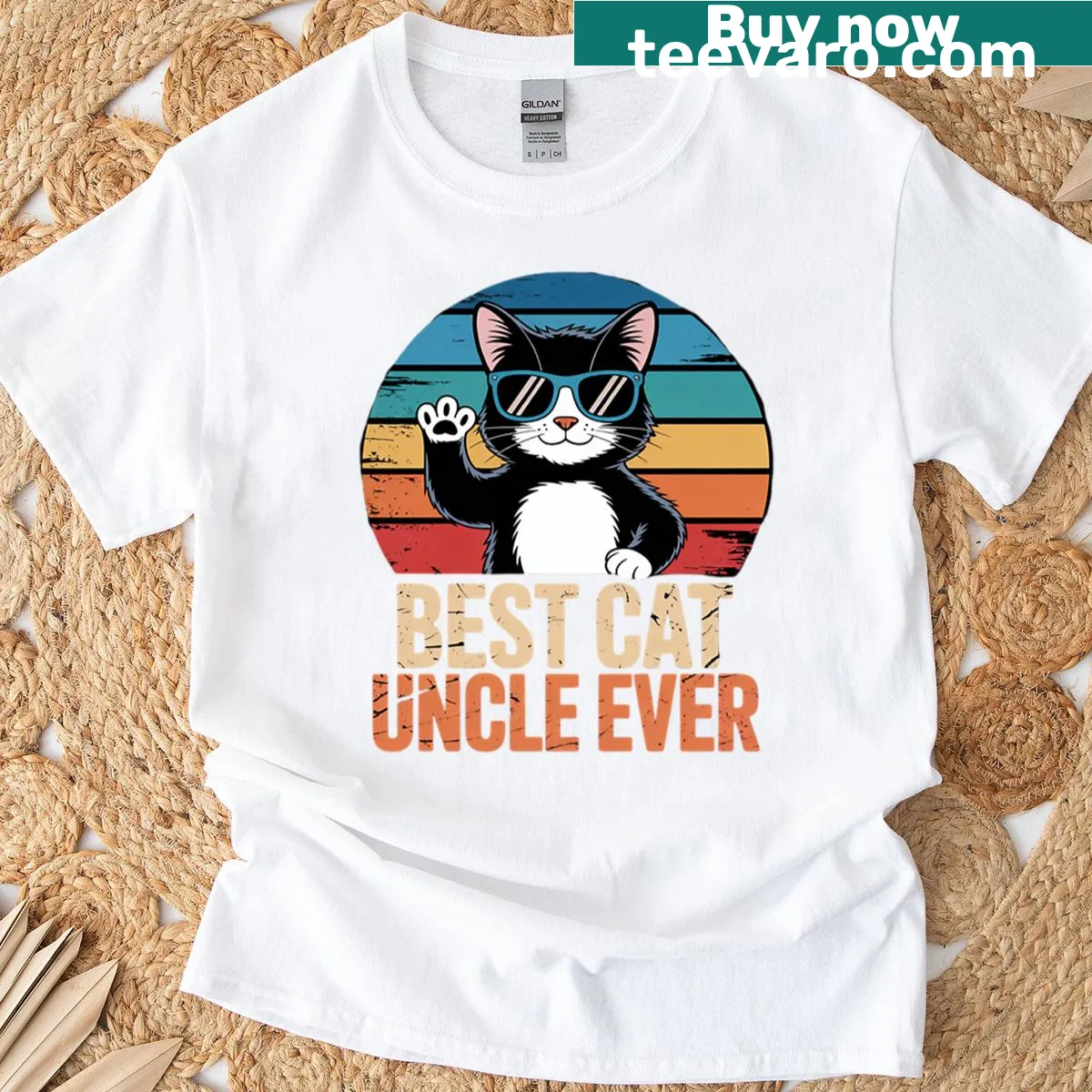 Cartoon cat in sunglasses with fist bump design on T-shirt — on a men's t-shirt