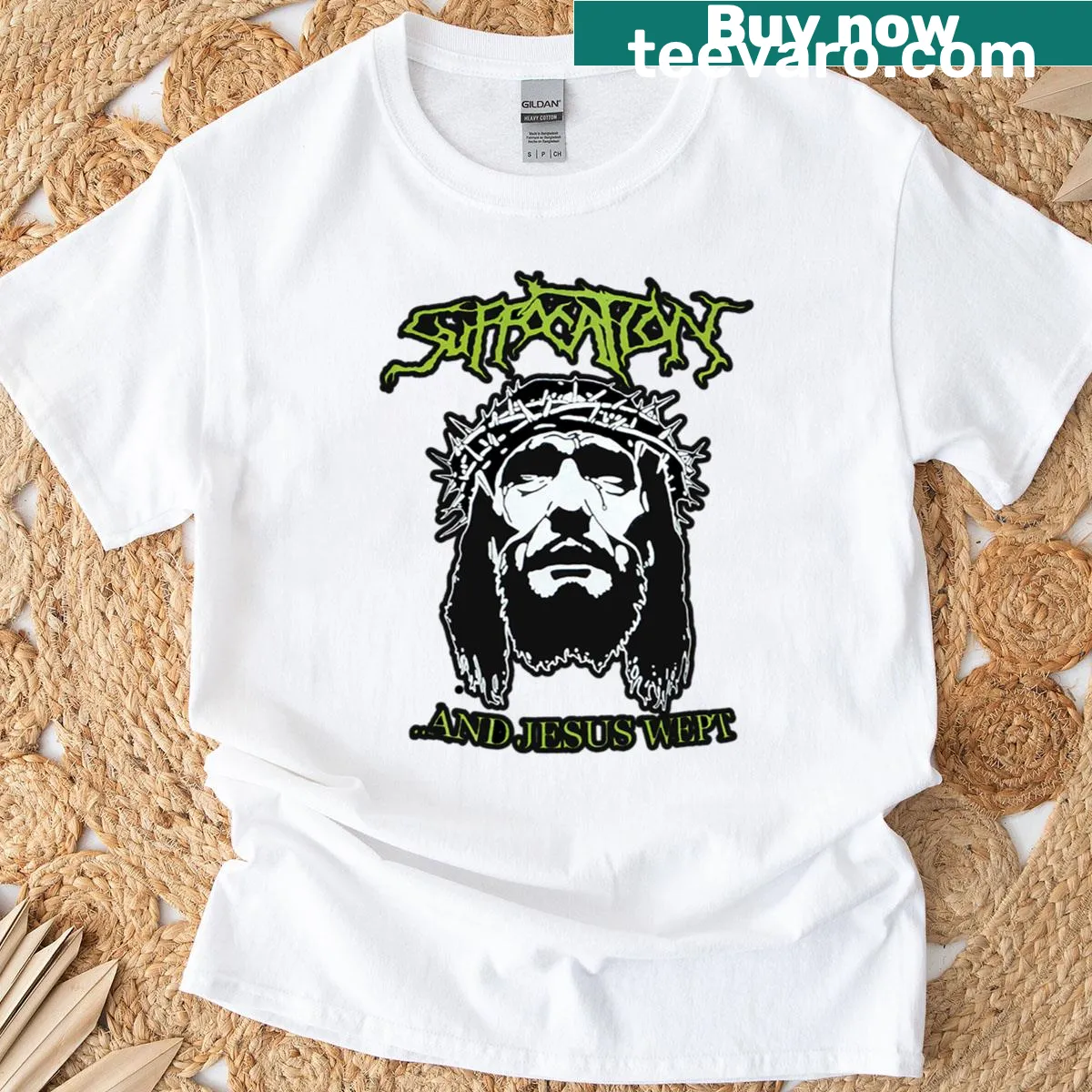 Funny typography t-shirt with playful suffocation phrase — on a men's t-shirt