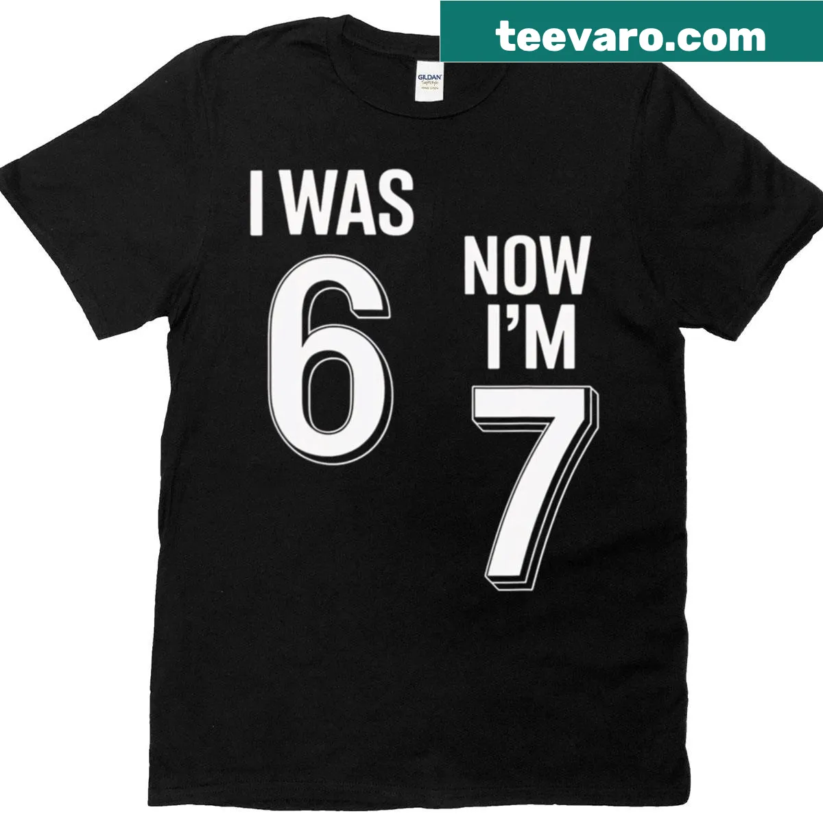 Funny birthday T-shirt marking the transition from age six to seven — on a men's t-shirt