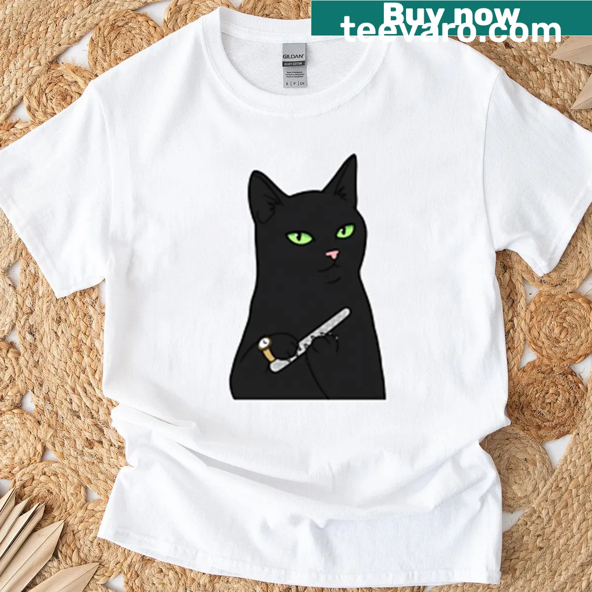 Cartoon black cat filing nails with a sassy attitude — on a men's t-shirt