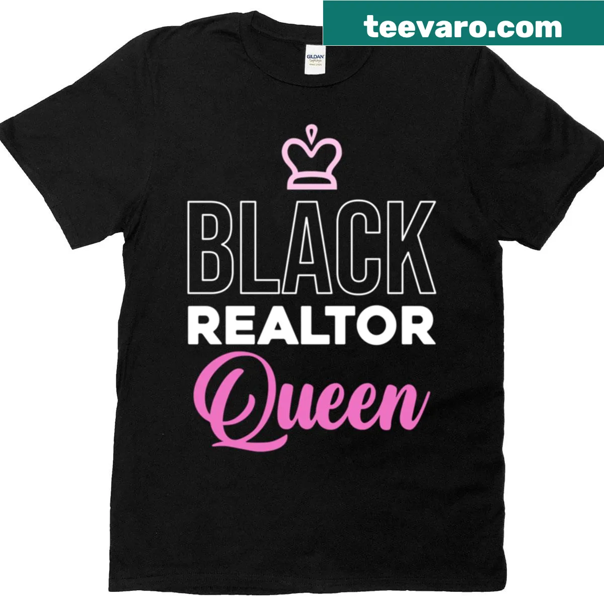 Crown logo on a Black Realtor Queen t-shirt with elegant typography — on a men's t-shirt