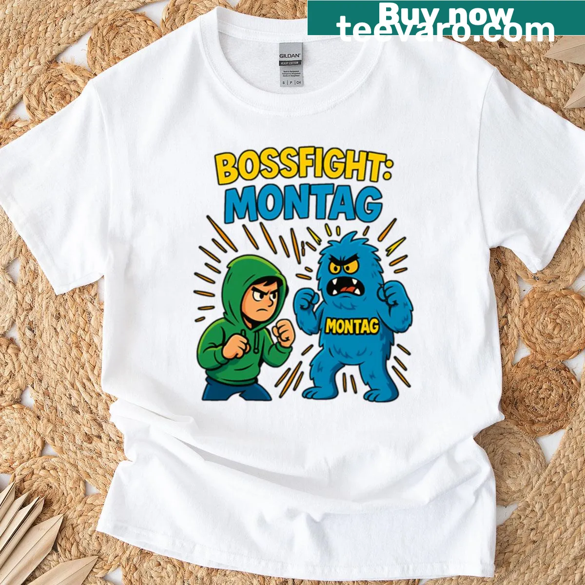Monster design t-shirt with Bossfight Monday text — on a men's t-shirt