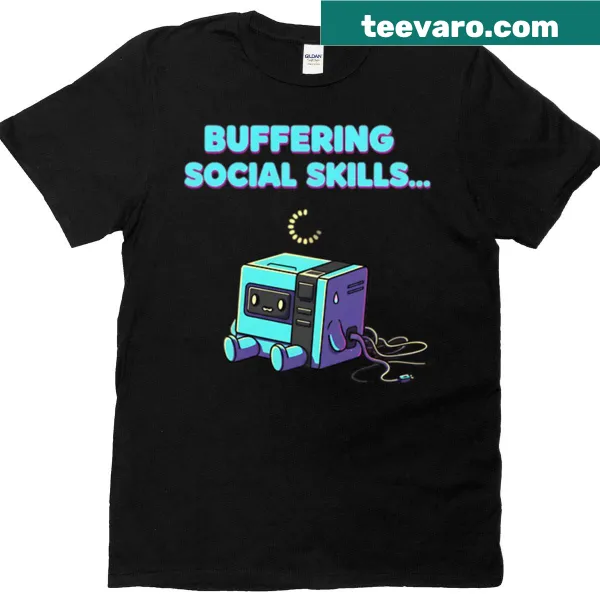Funny gamer t-shirt featuring social skills buffering graphic