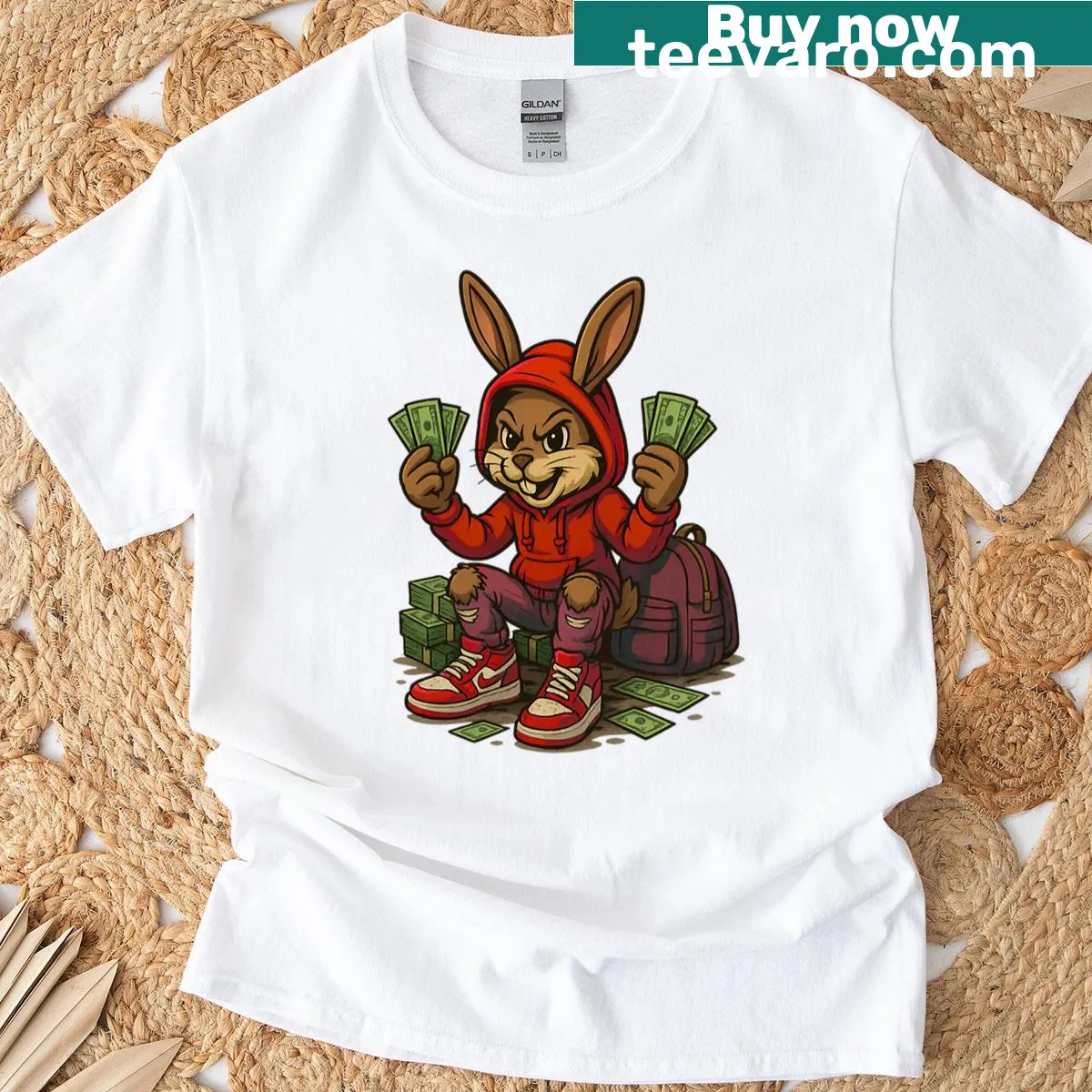 Humorous Bunny Money t-shirt with playful bunny graphic — on a men's t-shirt