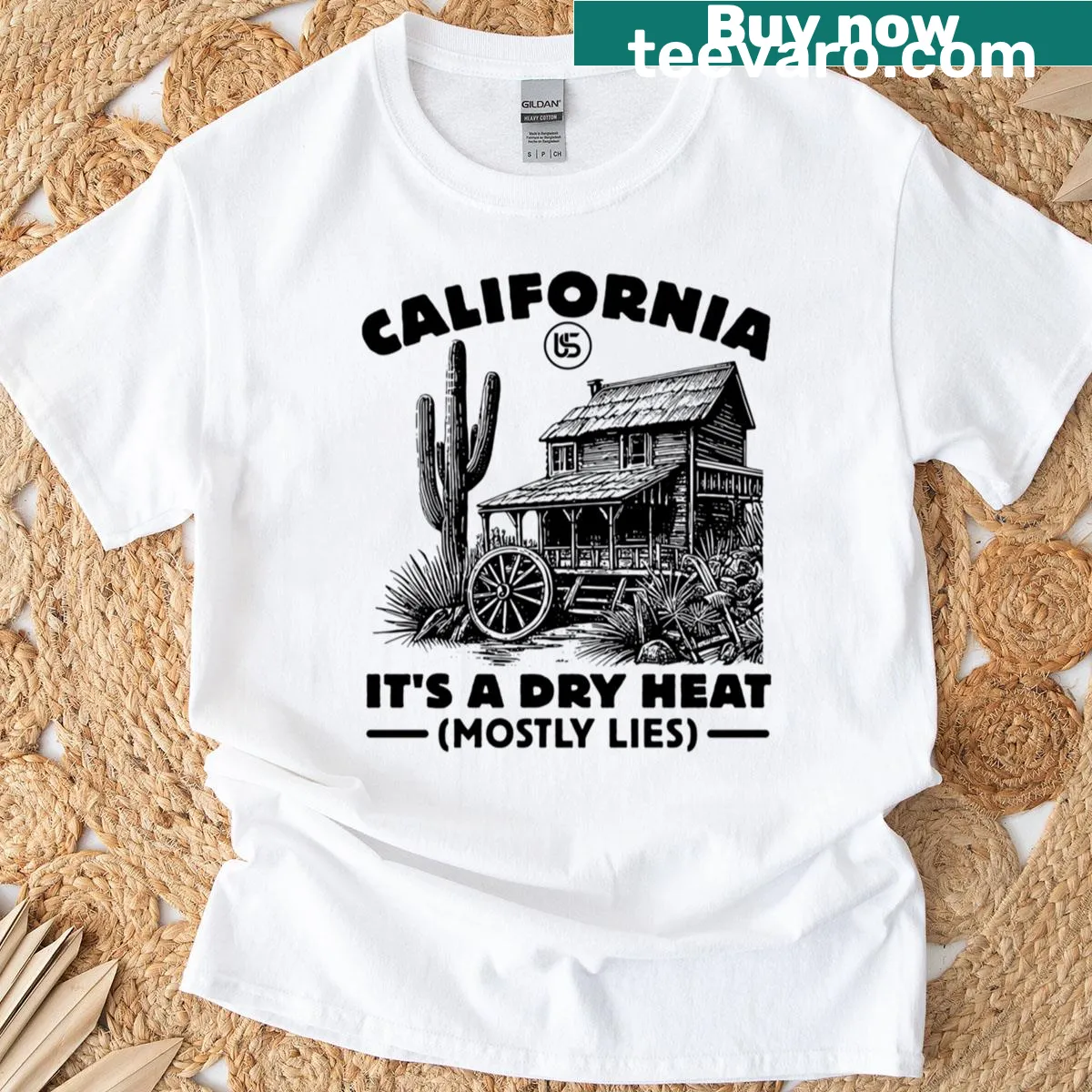 Funny T-shirt with the phrase It's A Dry Heat Mostly Lies — on a men's t-shirt