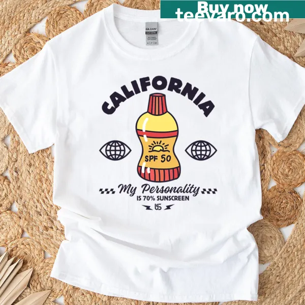 Playful California-themed t-shirt with sunscreen message.