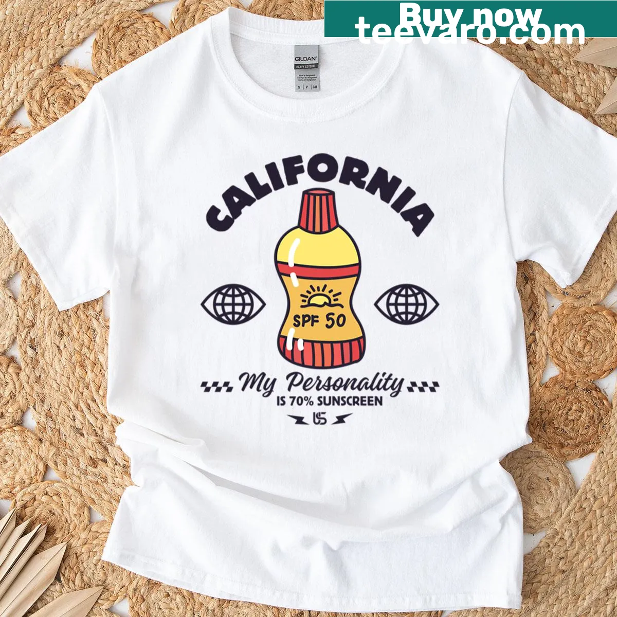 Playful California-themed t-shirt with sunscreen message. — on a men's t-shirt