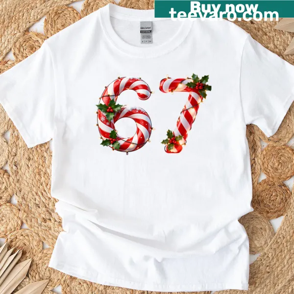 Playful Candy Cane 67 meme graphic on a t-shirt