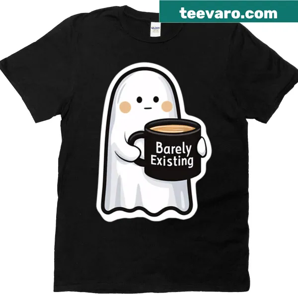 Cartoon ghost holding coffee on a T-shirt for humor lovers