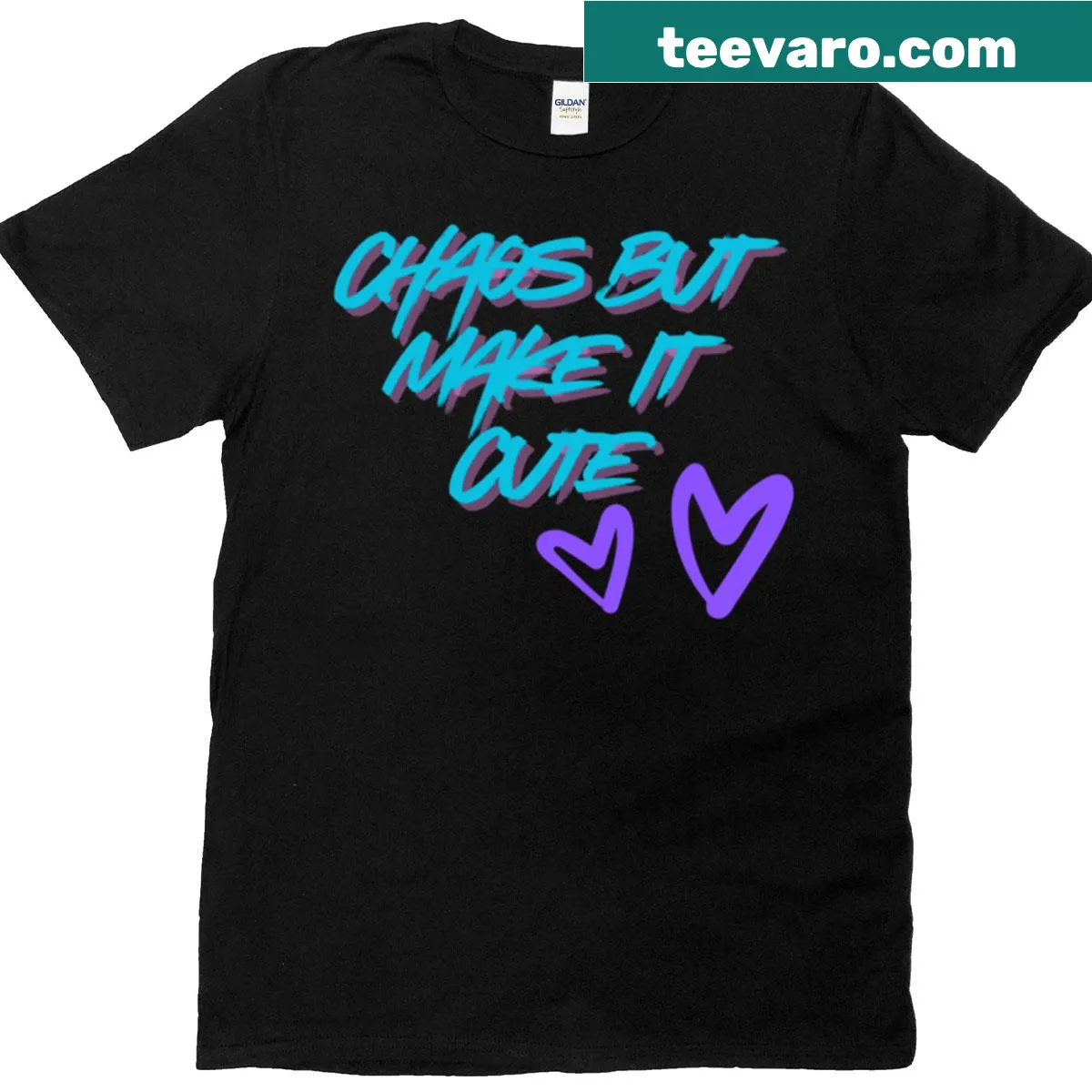 T-shirt with blue typography saying 'Chaos But Make It Cute' — on a men's t-shirt
