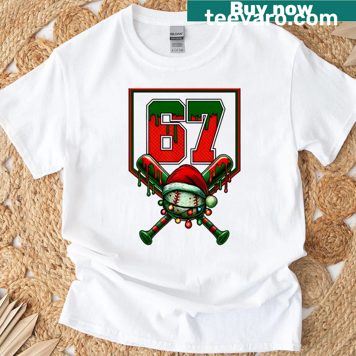 Christmas-themed t-shirt featuring number 67 in a baseball design — on a men's t-shirt