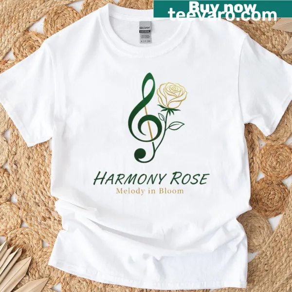 Illustrated treble clef and rose design T-shirt
