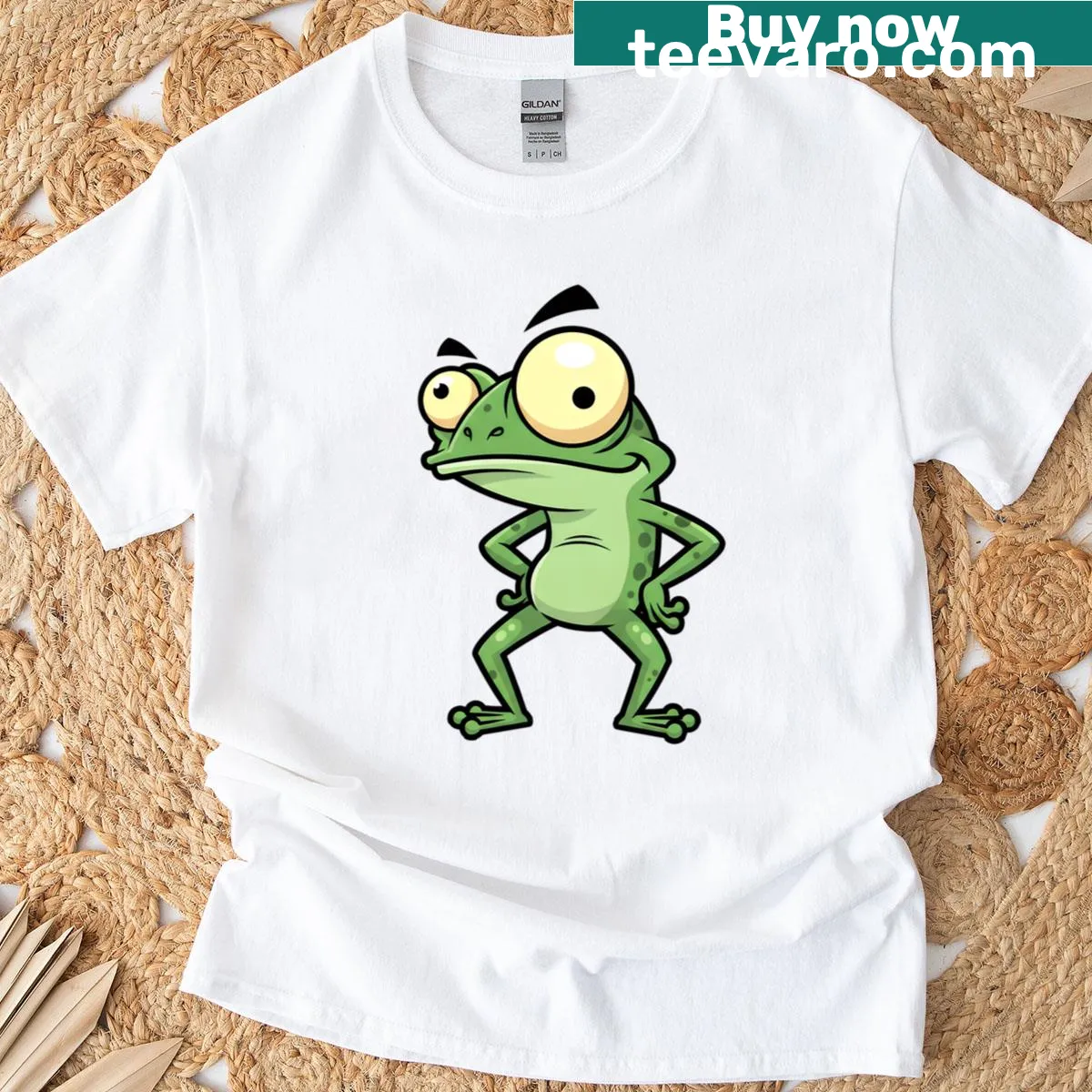 Cartoon frog T-shirt featuring a confident frog with big eyes — on a men's t-shirt