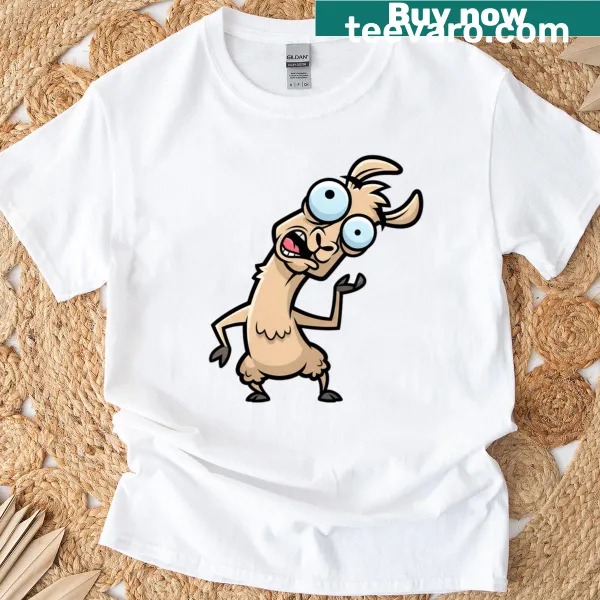 Cartoon confused llama with big eyes on T-shirt