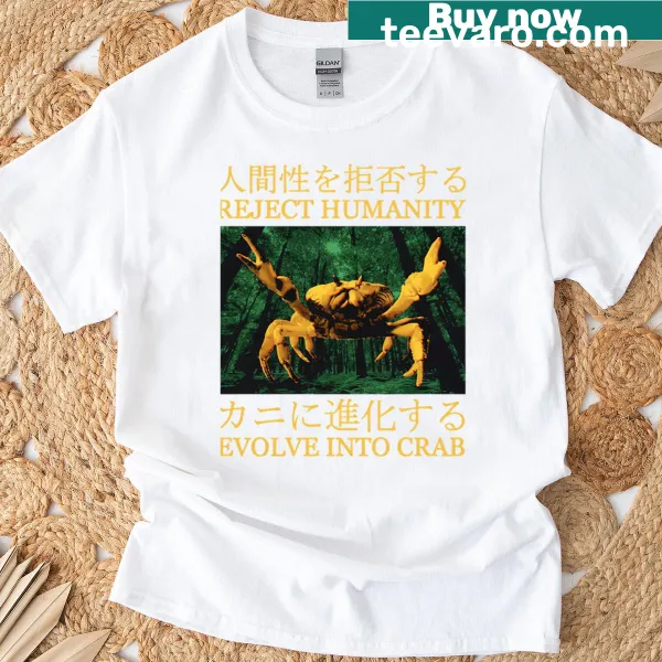 Whimsical illustration of crabs depicting evolution stages on a t-shirt