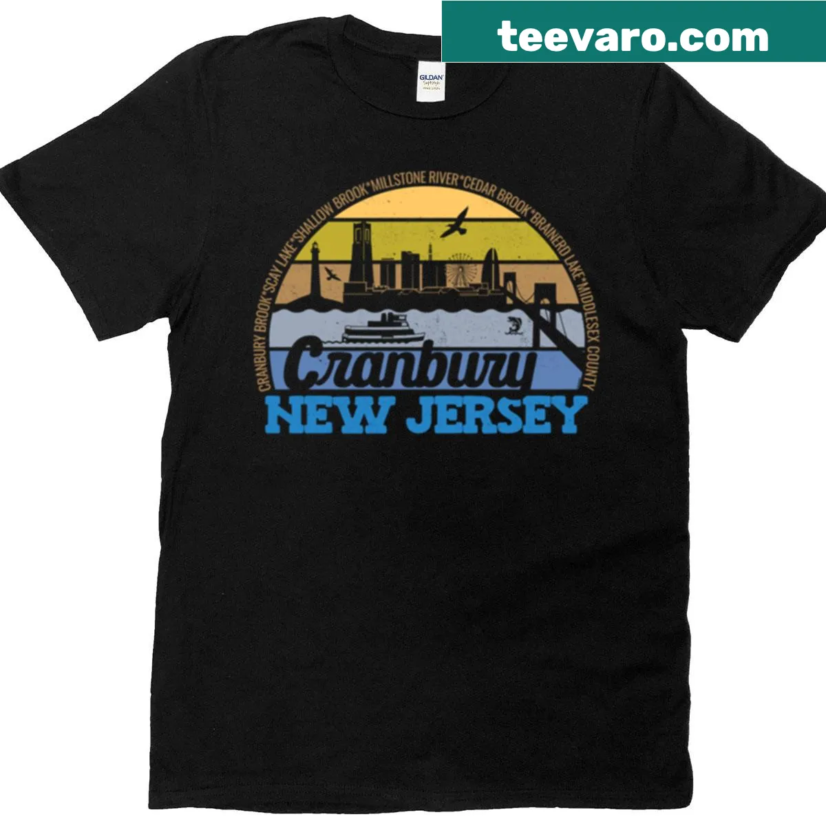 Retro T-shirt with Cranbury, NJ sunset logo — on a men's t-shirt