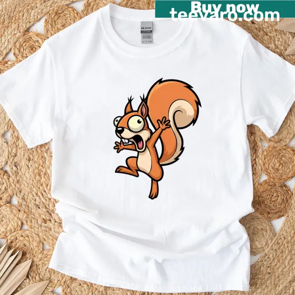 Oversized T-shirt with a jumping cartoon squirrel illustration.