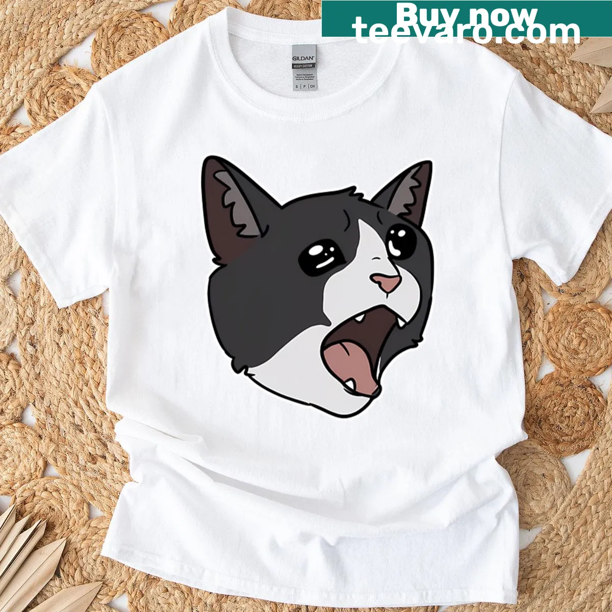 Funny cartoon crying cat meme T-shirt — on a men's t-shirt